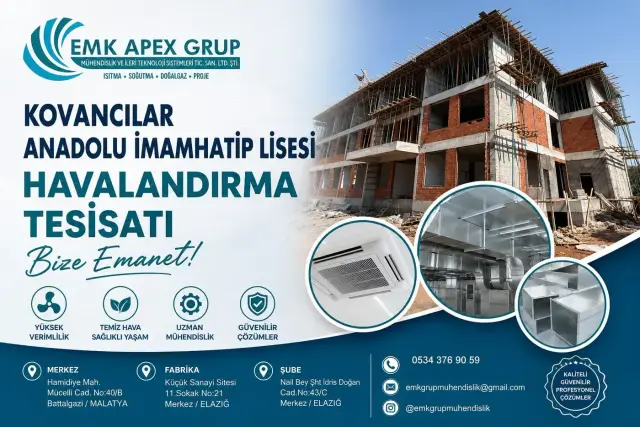 Kovancılar Anadolu İmam Hatip Lisesi inşaatı ve kaset tip iç ünite görseli