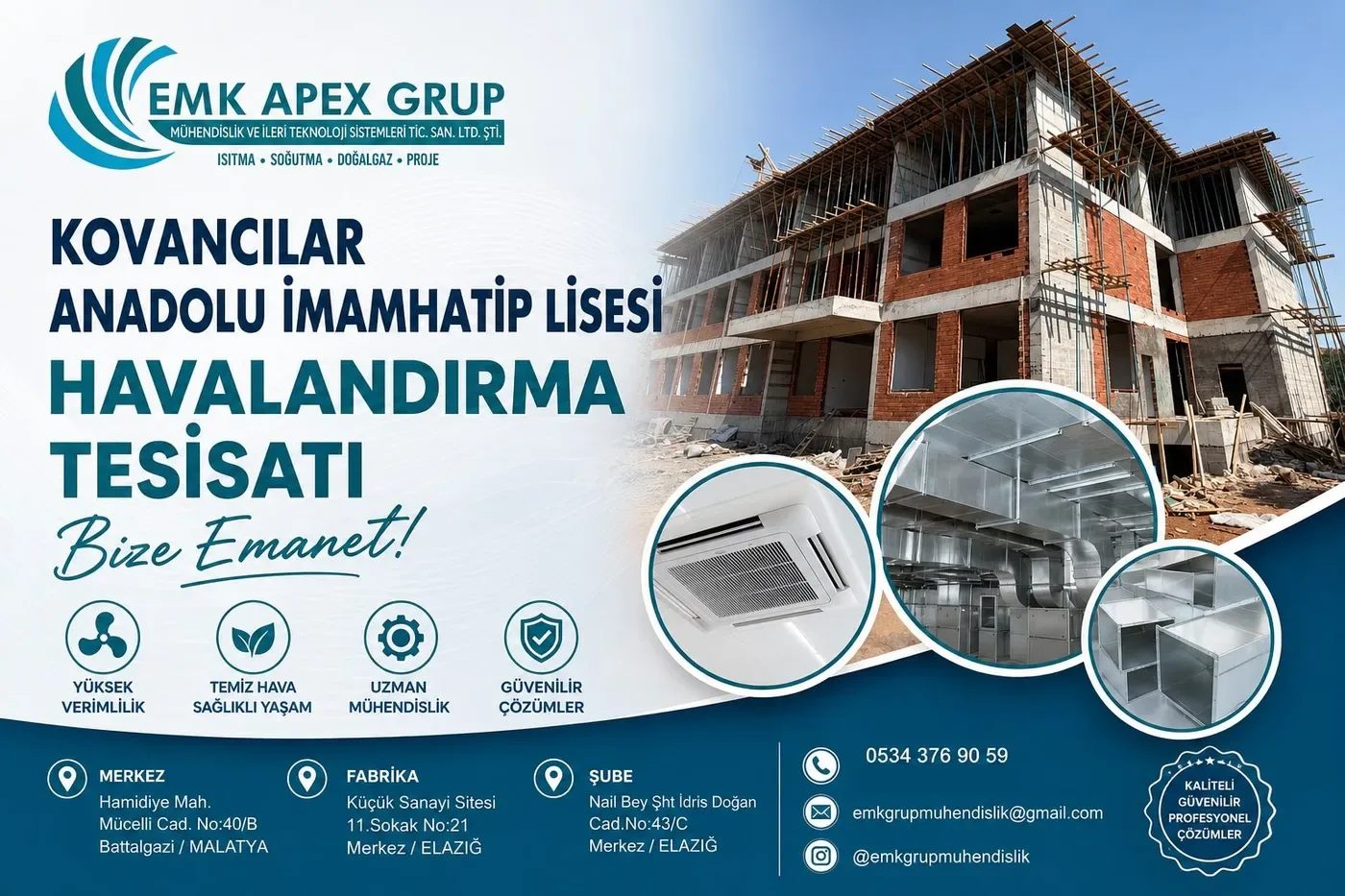 Kovancılar Anadolu İmam Hatip Lisesi inşaatı ve kaset tip iç ünite görseli