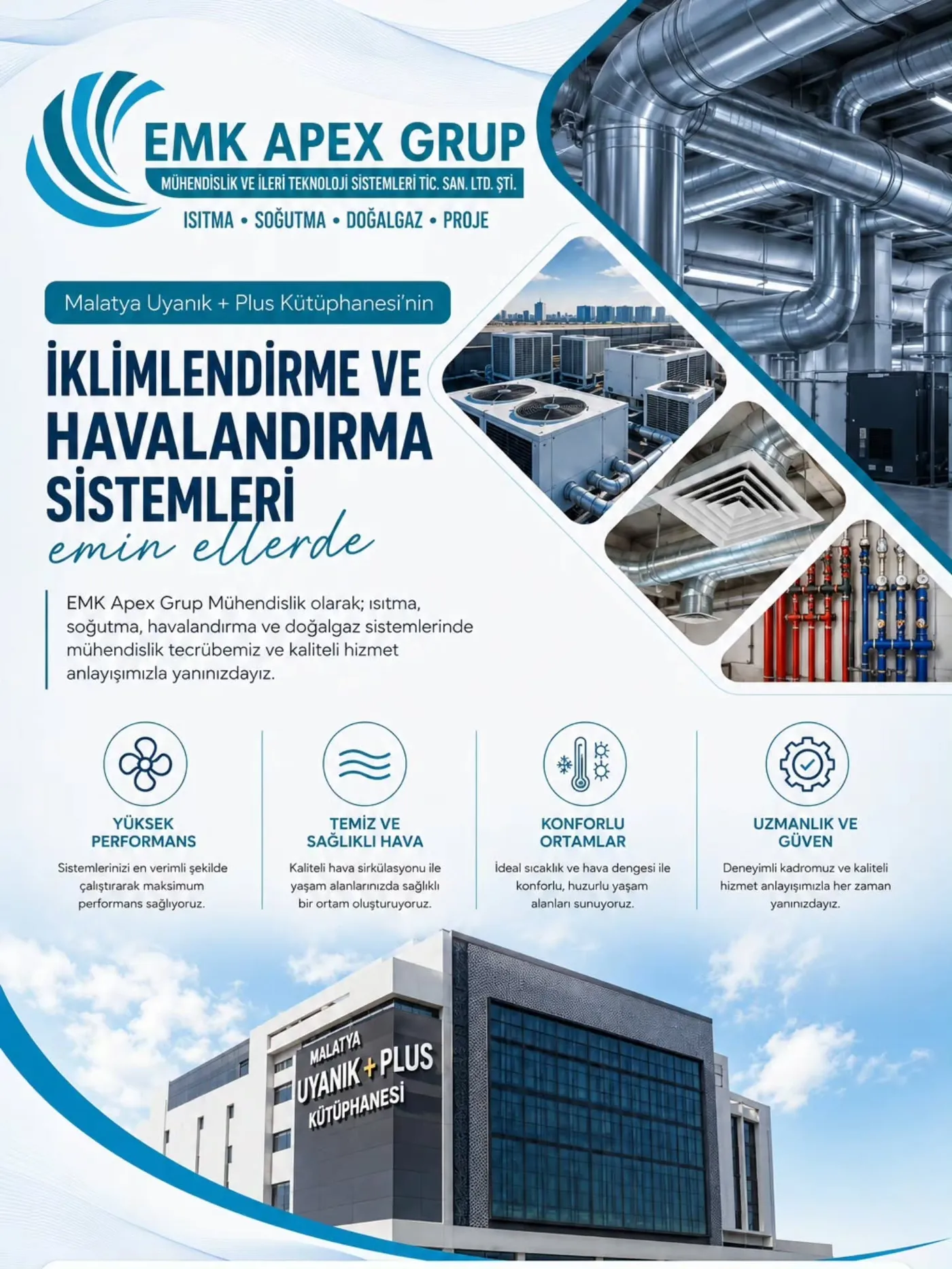 Malatya Uyanık + Plus Kütüphanesi iç mekânı, havalandırma kanalları ve iklimlendirme